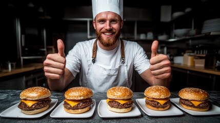 Joyful chef giving thumbs up with freshly made cheeseburgers on a kitchen counter, showcasing culinary skills and delicious food presentation