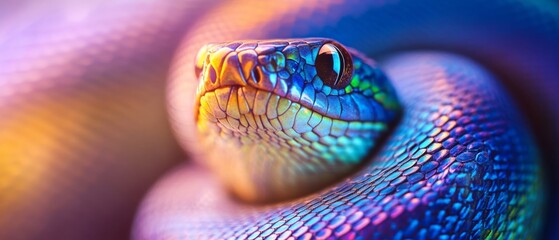 A vibrant, colorful snake with iridescent scales coils gracefully, exuding allure and mystique under soft lighting.