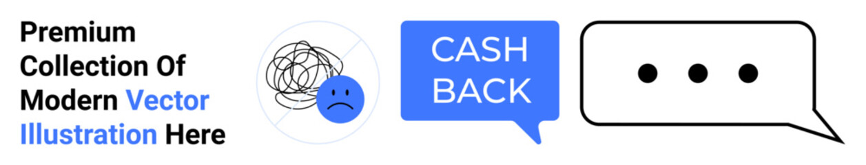 Tangled thought icon, sad face, cashback speech bubble, and message notification enhance clean layouts. Ideal for mental health topics, finance, feedback systems, messaging apps, marketing