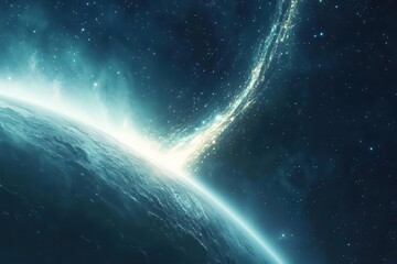 Obraz premium cinematic space scene with massive comet trailing iridescent particles, approaching earth's atmosphere, creating spectacular light show against starfield background