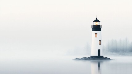 Tranquil Lighthouse in Misty Landscape with Soft Hues and Reflections on Calm Water, Nature's Serenity in a Dreamy Coastal Setting