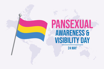 Pansexual Awareness and Visibility Day poster vector illustration. Pansexual waving flag on a pole icon vector. LGBT pansexual pride flag symbol. Template for background, banner, card. 24 May