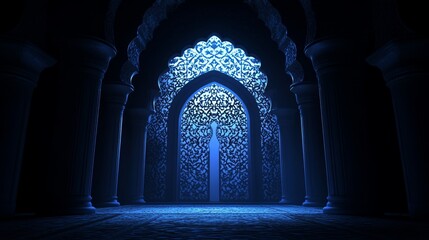 3D rendering of an Islamic arch with glowing blue light shining through the window, creating a spiritual atmosphere and symbolizing the connection between Ramadan and its festive ambiance