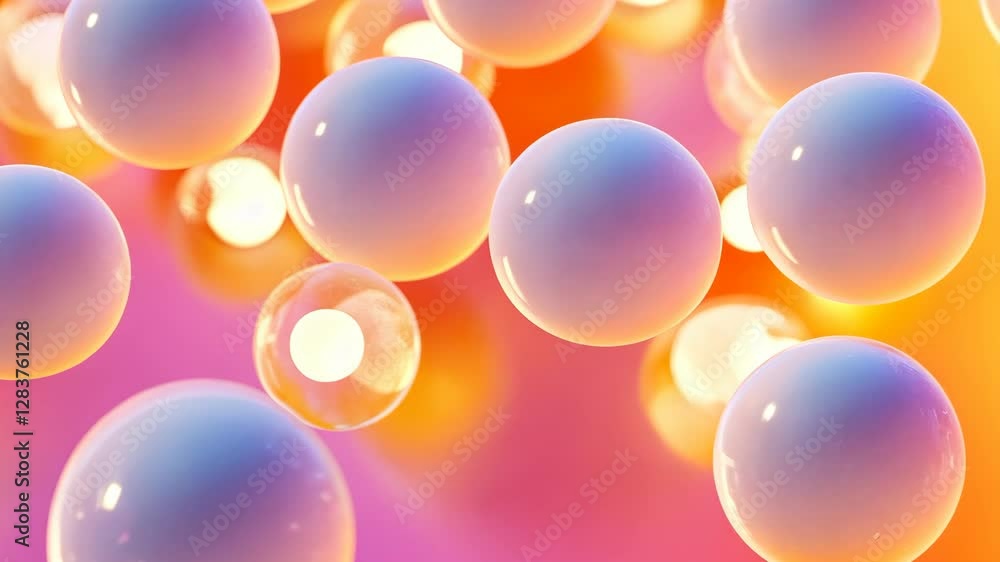 Poster colorful abstract composition featuring floating spheres illuminated by soft light in a vibrant back