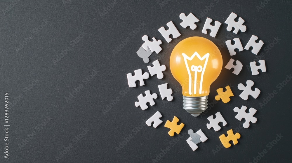 Poster creative idea concept with glowing light bulb surrounded by puzzle pieces on dark background represe