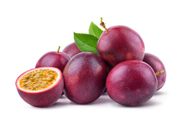 Passion fruit with cut in half isolated on white.