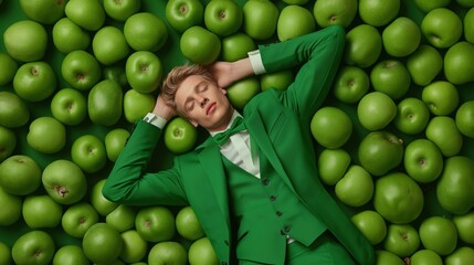 A man is laying on a bed of green apples. The man is wearing a green suit and tie. The apples are piled around him, creating a sense of abundance and luxury. The image conveys a feeling of relaxation