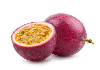 Passion fruit with cut in half isolated on white.