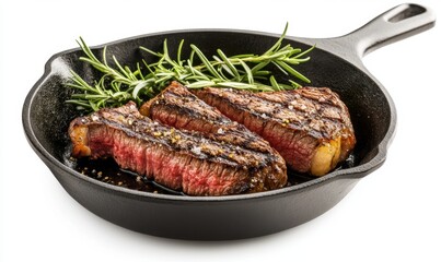 Grilled steak with rosemary in cast iron pan on white