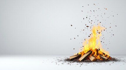 Fototapeta premium Bright Flames Erupting from Firewood Pile on Neutral Background