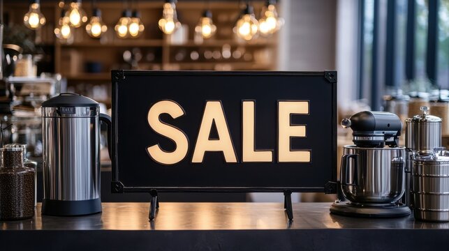 Eye-catching SALE sign in modern kitchen cafe with stylish appliances showcasing promotion and discounted products for coffee enthusiasts and culinary lovers
