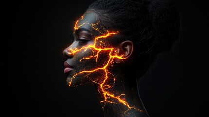Young woman with glowing skin posing against a black background with orange lightning effects
