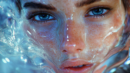 Female model face close-up, moisturized, water splash, cosmetic model, close up of a face of a woman with a blue eyes