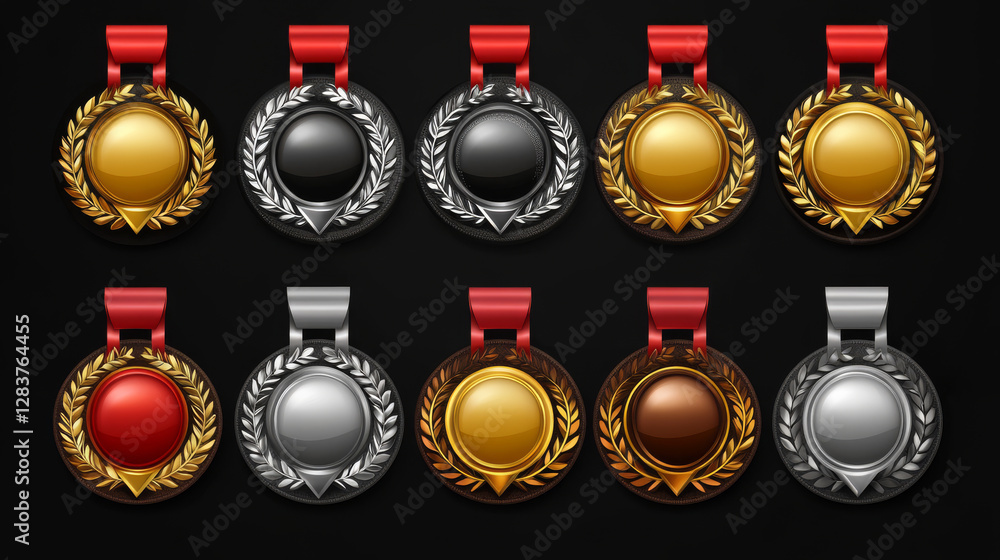 Poster gold, silver and bronze medal with laurel wreath pattern on red ribbon. realistic 3d vector set of c