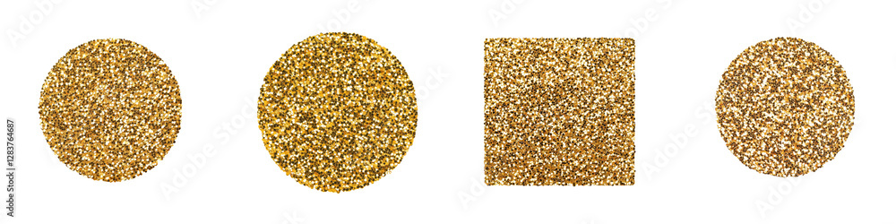 Poster vibrant golden glitter in various geometric shapes including circles and squares on a solid white ba