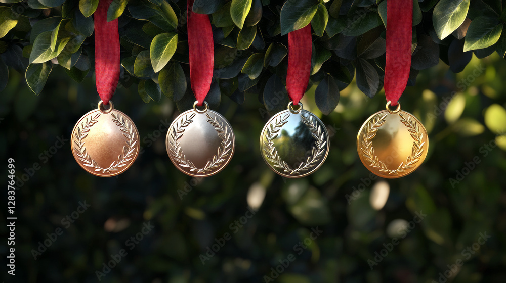 Poster gold, silver and bronze medal with laurel wreath pattern on red ribbon. realistic 3d vector set of c