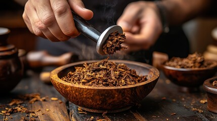 Hand Preparing Rich Aromatic Tobacco in Wooden Bowl for Crafts