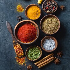 Top-down view of vibrant spices in rustic ceramic and wooden bowls on a dark textured surface. Rich colors of turmeric, paprika, saffron, peppercorns, and dried herbs contrast beautifully, creating 
