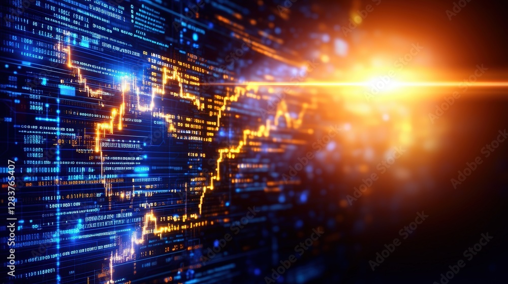 Poster computer screen displaying glowing orange light with abstract background featuring code and digital 