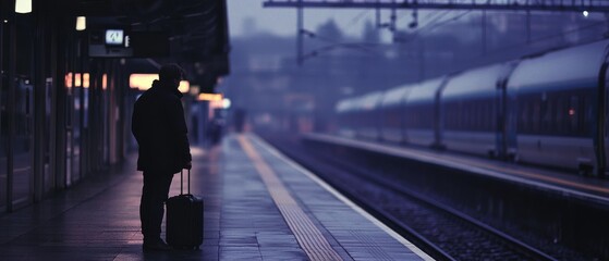 Fototapeta premium A lone traveler stands on a quiet train platform at dusk, suitcase in hand, enveloped in a serene twilight ambiance.