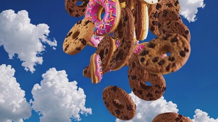 Sweet Delights Falling from the Sky: A whimsical image features an assortment of delicious treats, including cookies and donuts.