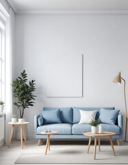 Scandinavian living room with white and blue tones, wooden furniture.