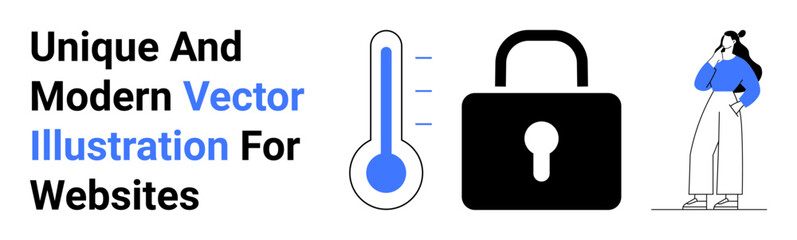 Thermometer indicating levels, a lock symbolizing security, a thoughtful professional person. Ideal for technology, security, health, business, website design, education and flat landing page banner