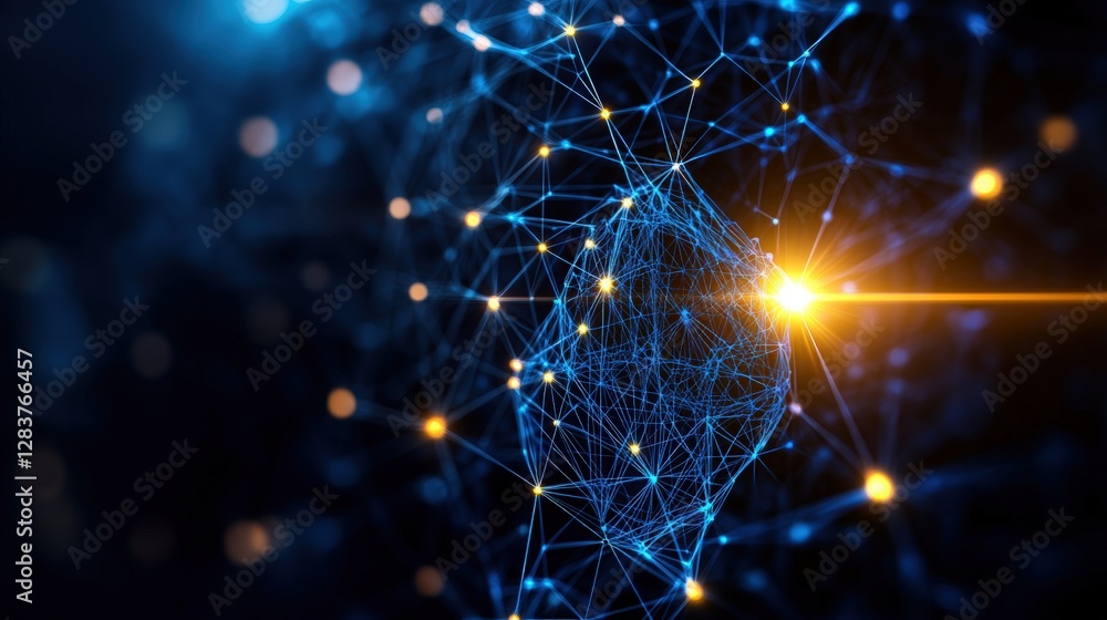 Poster blue and yellow abstract background with connected lines and network design for digital projects