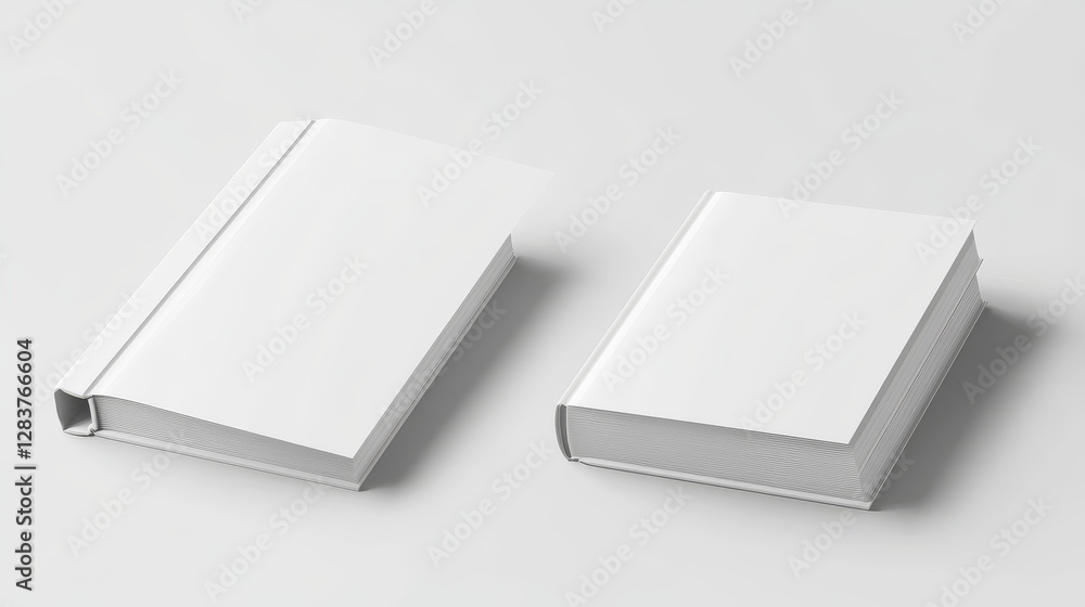 Poster template of blank paper book with white cover. vector realistic mock up of 3d standing and lying clo