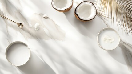 Elegant Coconut Milk and Skincare Products Presentation on Marble Surface