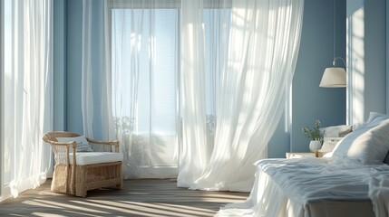 A coastal-themed bedroom featuring light blue accents