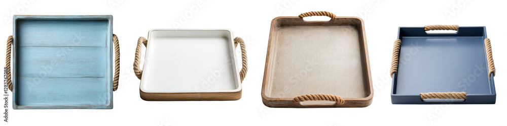 Aufkleber empty rustic wooden trays with rope handles arranged on a neutral colored background the trays have 