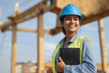 Portrait of happy Indian female engineer with a black folder of drawings and looking at camera at a construction site