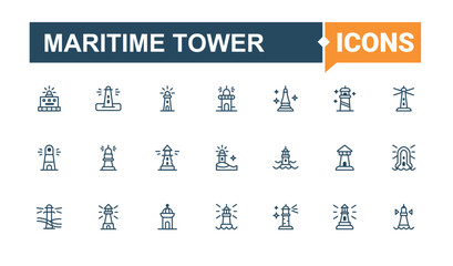Maritime Tower line icons. Pack of lighthouse, safety, beach, beam, wave, sailor, island and more. Sign and Symbol. Vector line and solid icons.