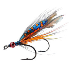 colorful fishing lure with vibrant feathers and shiny hook, designed for attracting fish. This lure showcases blend of blue, orange, and red colors, ideal for fishing enthusiasts