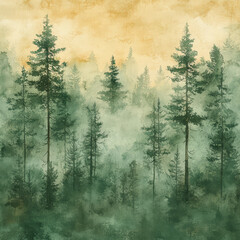 Grunge background with forest and mountains. Watercolor painting.