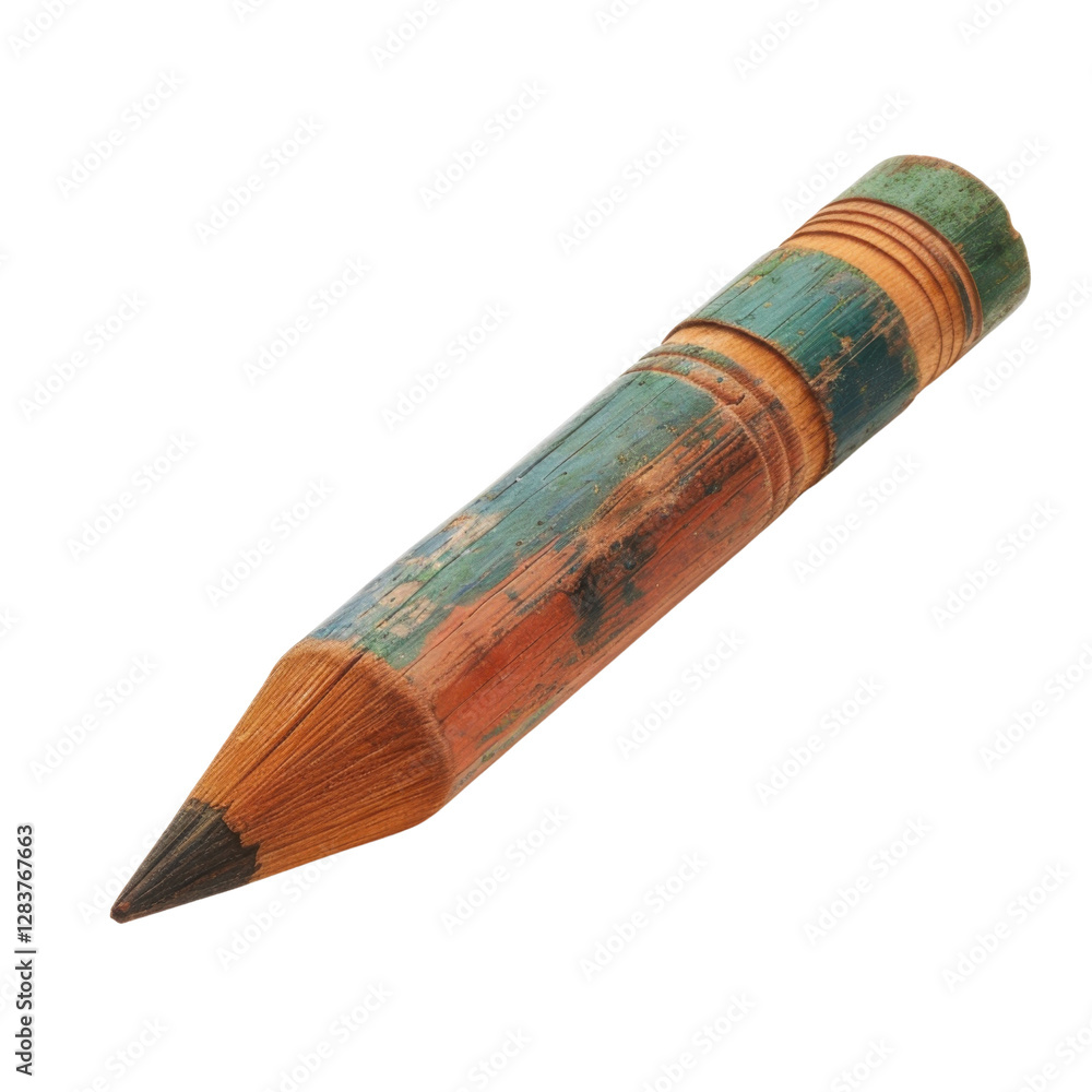 Poster colorful, worn pencil with pointed tip, showcasing rustic design and vibrant hues. this unique writi
