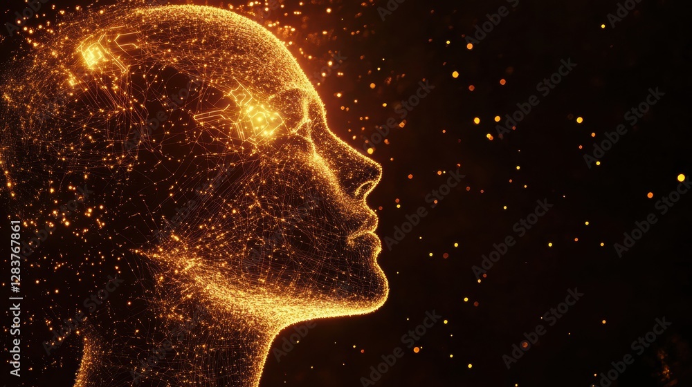 Fototapete Silhouette of a human head with glowing quantum circuits representing advanced technology and intelligence. Generative AI