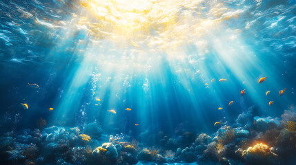 Fototapeta premium Underwater Ocean Scene with Sunlight Rays and Marine Life – Perfect for Nature and Aquatic Themes, marine life documentaries, nature wallpapers, ocean conservation campaigns, travel blogs,