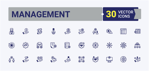 Management icons. Related to person, organization, presentation, businessman, hand, manager, search, process. Web icons. Vector line and solid icons.
