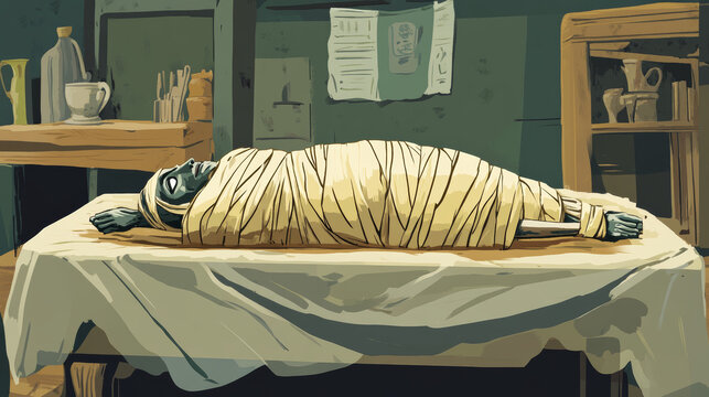 Mummy creation cartoon vector illustration. Stages of mummification process, embalming dead body, wrapping it with cloth and placing in Egyptian sarcophagus. Traditions of ancient Egypt, cult of dead