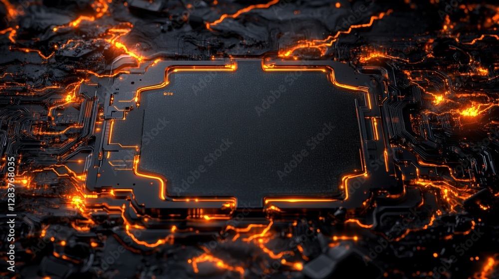Poster black computer processor with orange flames on an abstract futuristic data transfer background