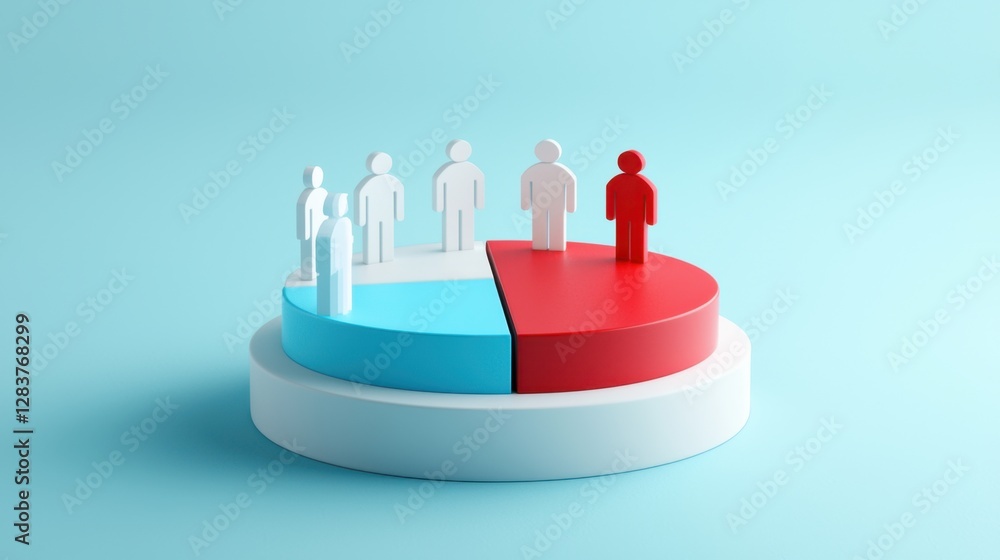 Poster visual representation of population distribution with white figures on a pie chart divided into blue