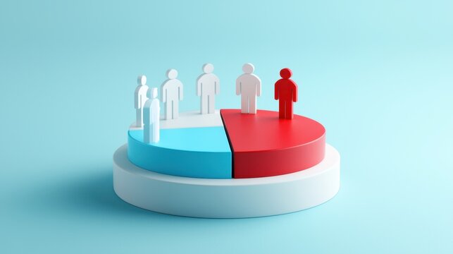 Visual representation of population distribution with white figures on a pie chart divided into blue and red sections highlighting demographics and statistics
