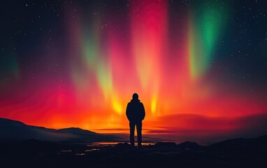Obraz premium Man silhouetted against vibrant aurora borealis over calm waters