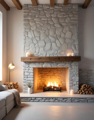 Soft lighting with a rustic stone fireplace in a snug space.
