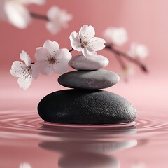 Serenity Zen Stones with Japanese Cherry Blossoms on Pink Background