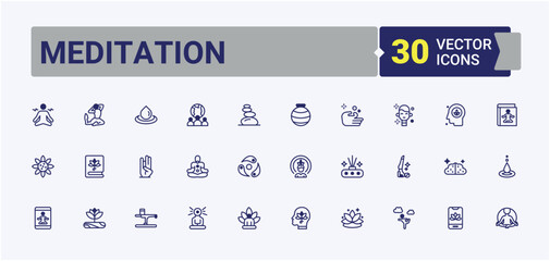 Meditation linear icon collection. Includes icons for exercise, relaxation, pose, health, flower, people, time and more. Icons for website. Vector outline and solid icons collection.