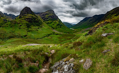 Spectacular Valley Of Glencoe And Rural Highland Landscape In Lochaber In Scotland, UK