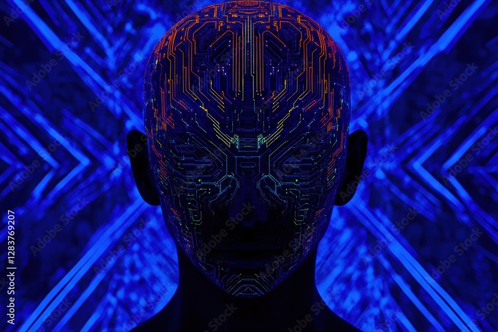 Poster Human head silhouette with glowing circuit board pattern representing futuristic AI design in vibrant colors. Generative AI